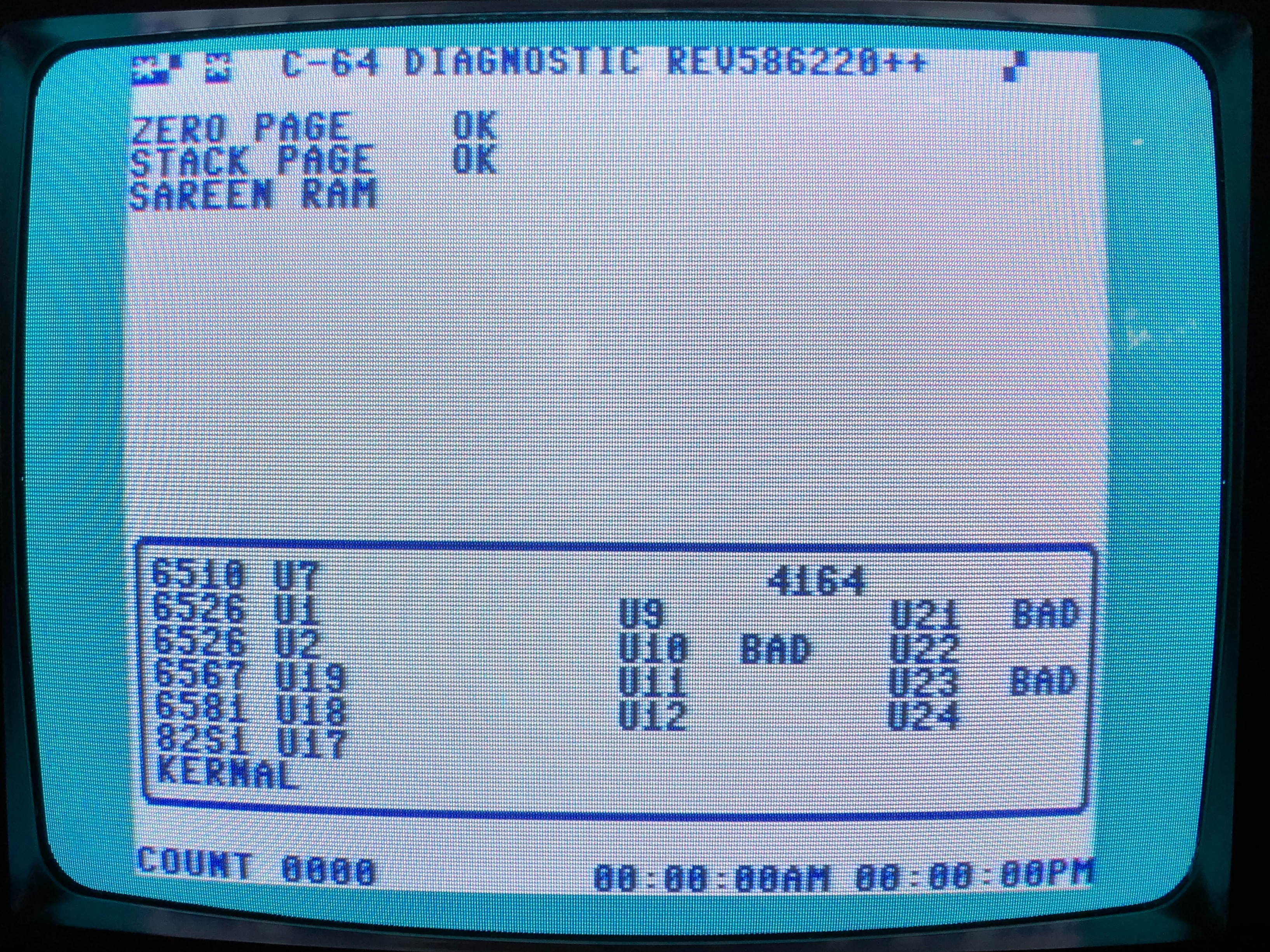 The C-64 DIAGNOSTIC REV586220++ screen showing chip-by-chip test results, with U10, U21, and U23 4164 DRAMs flagged BAD