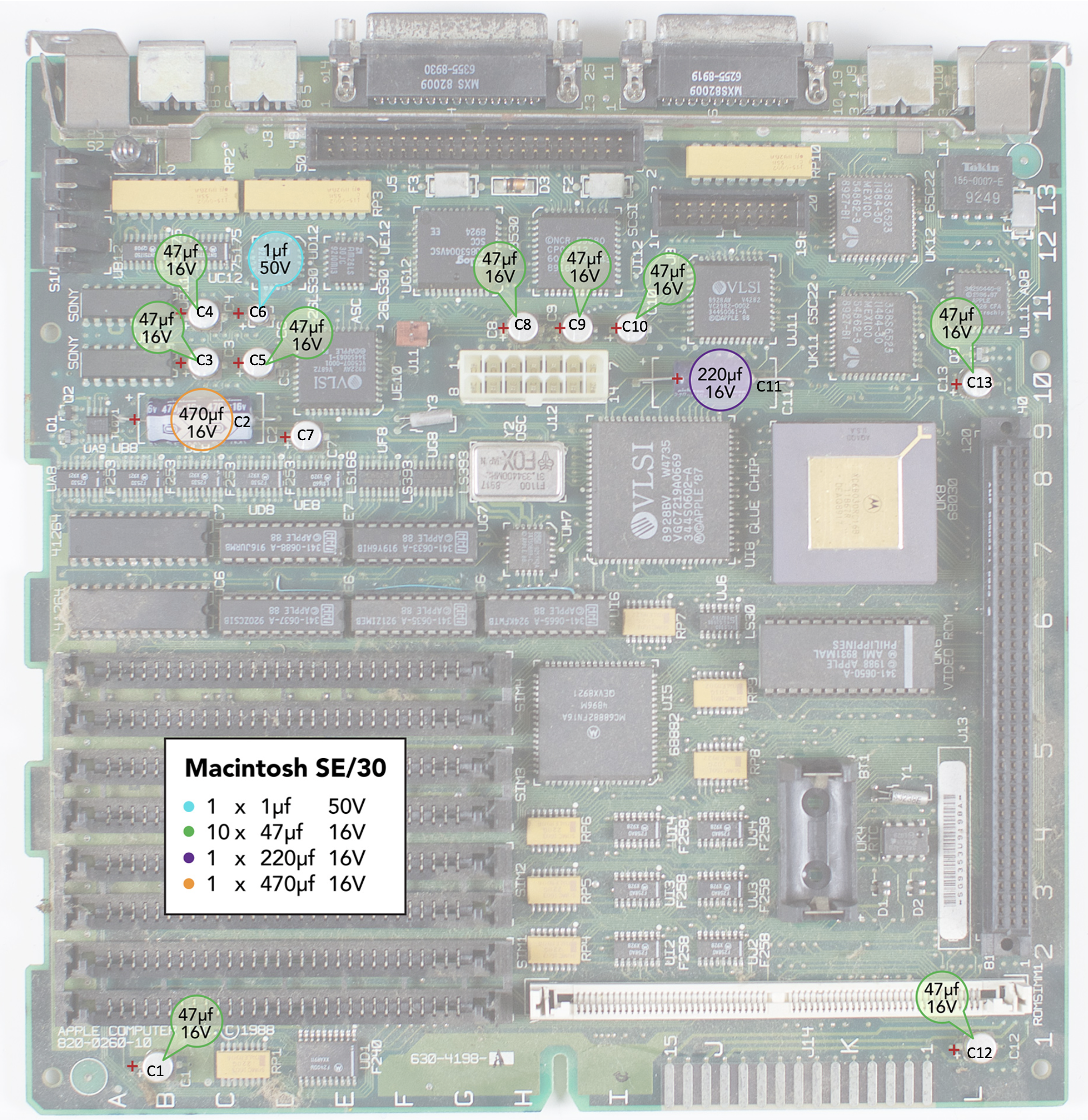 Annotated logic-board diagram showing the location, value, and function of every electrolytic capacitor on the SE/30