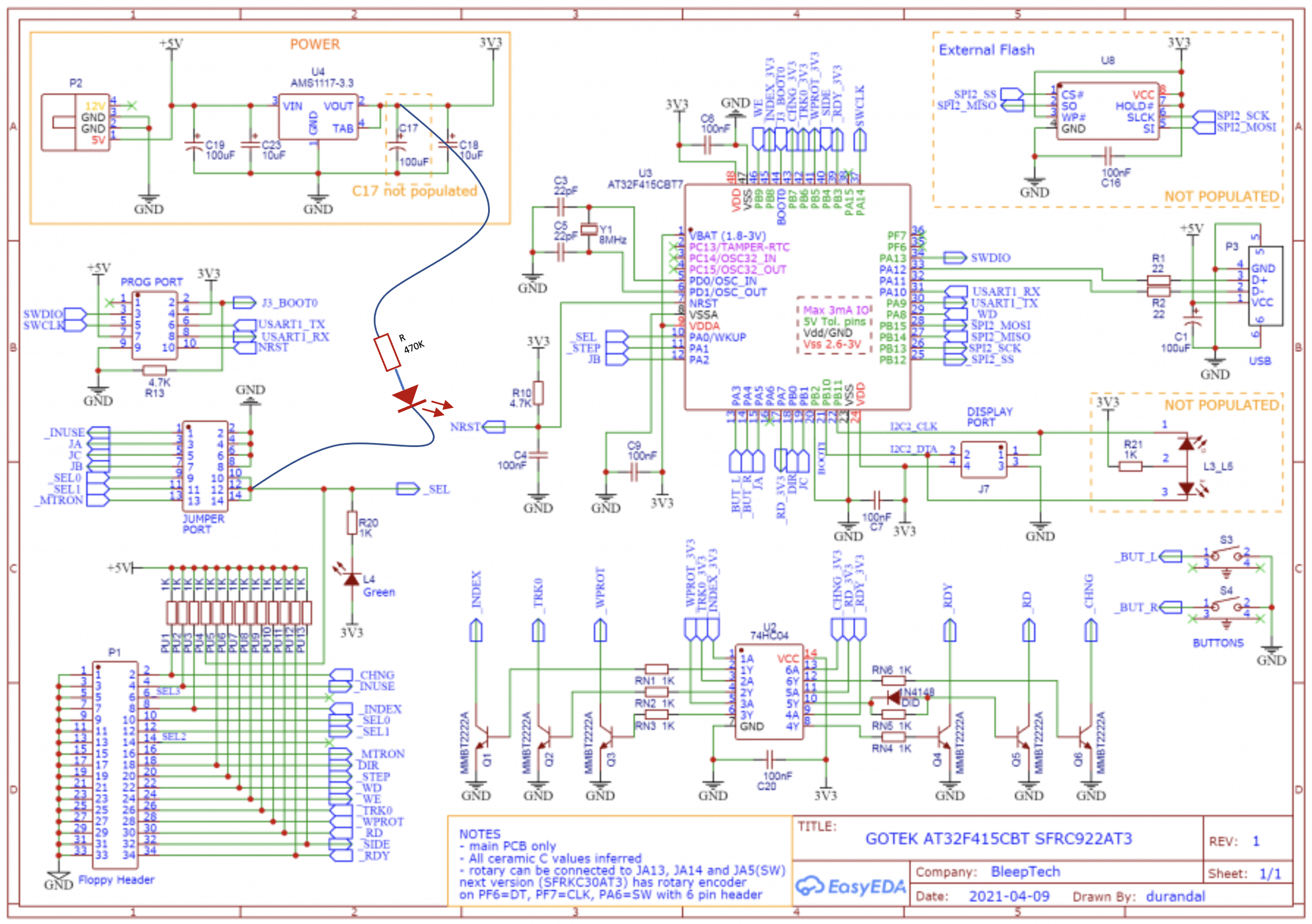 Gotek schematic showing the LED mod wired to the drive-select line through a 470-ohm current-limiting resistor