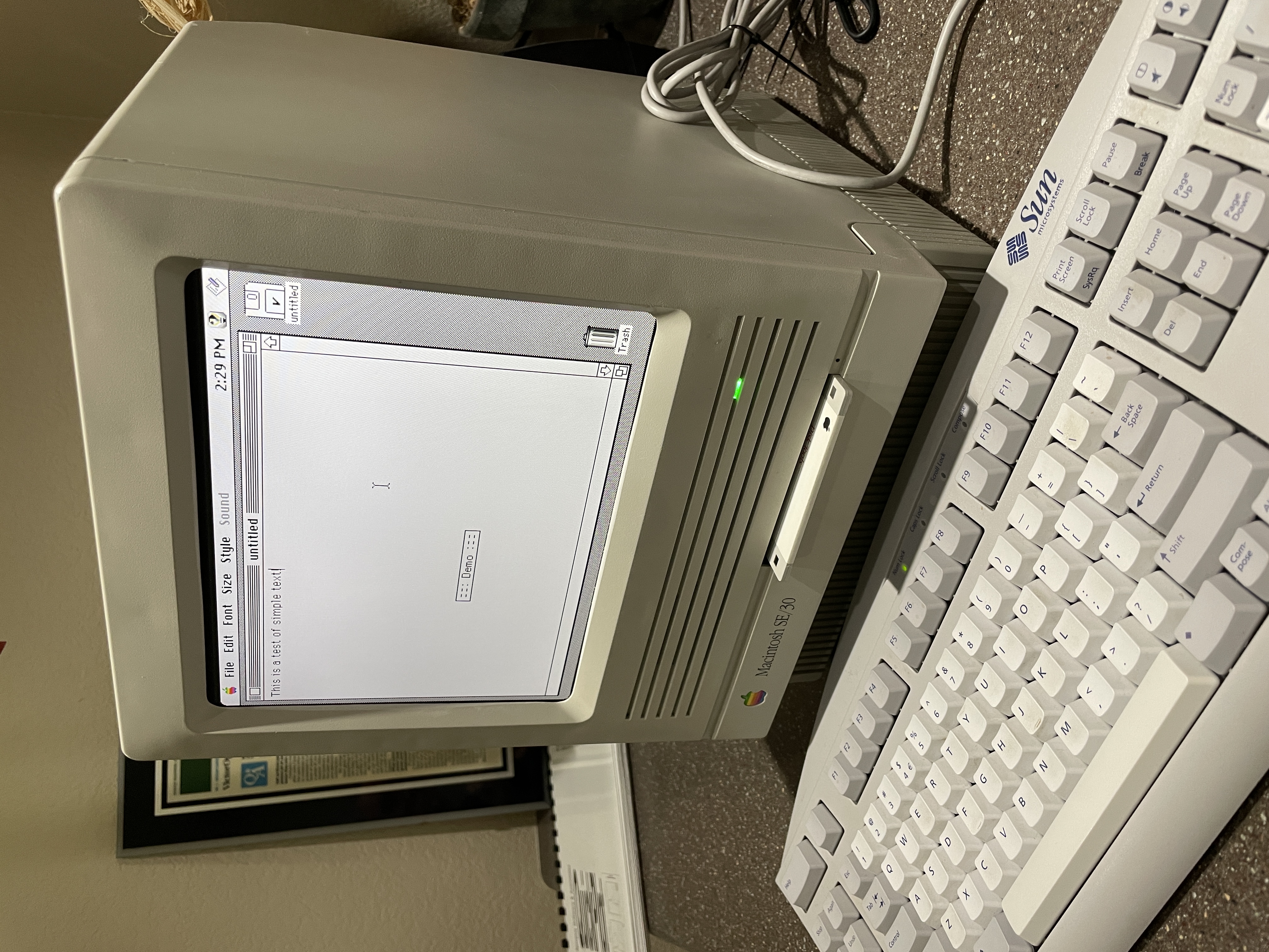 Front view of the reimagined Macintosh SE/30 running System 7
