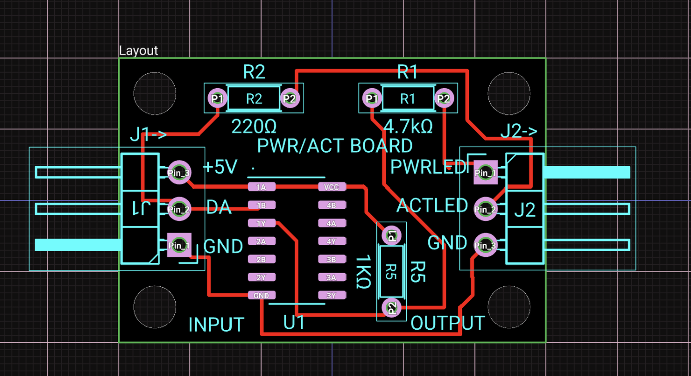 PCB layout for the PWR/ACT daughter card, showing the SN74LS136, 2.2kΩ pull-up, and 4.7kΩ current-limit resistors with input and output pin headers