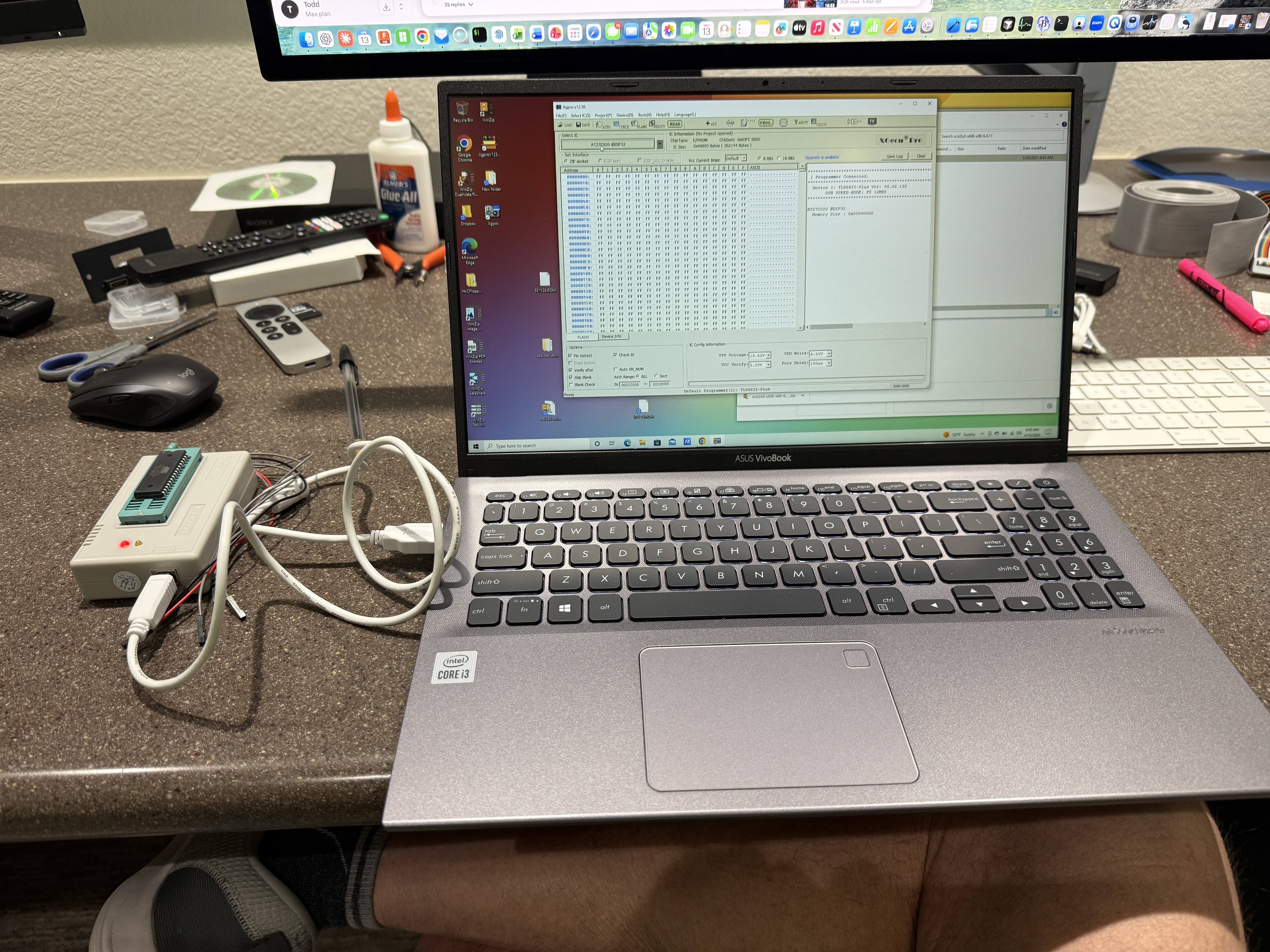 MiniPRO connected to Windows laptop running Xgpro