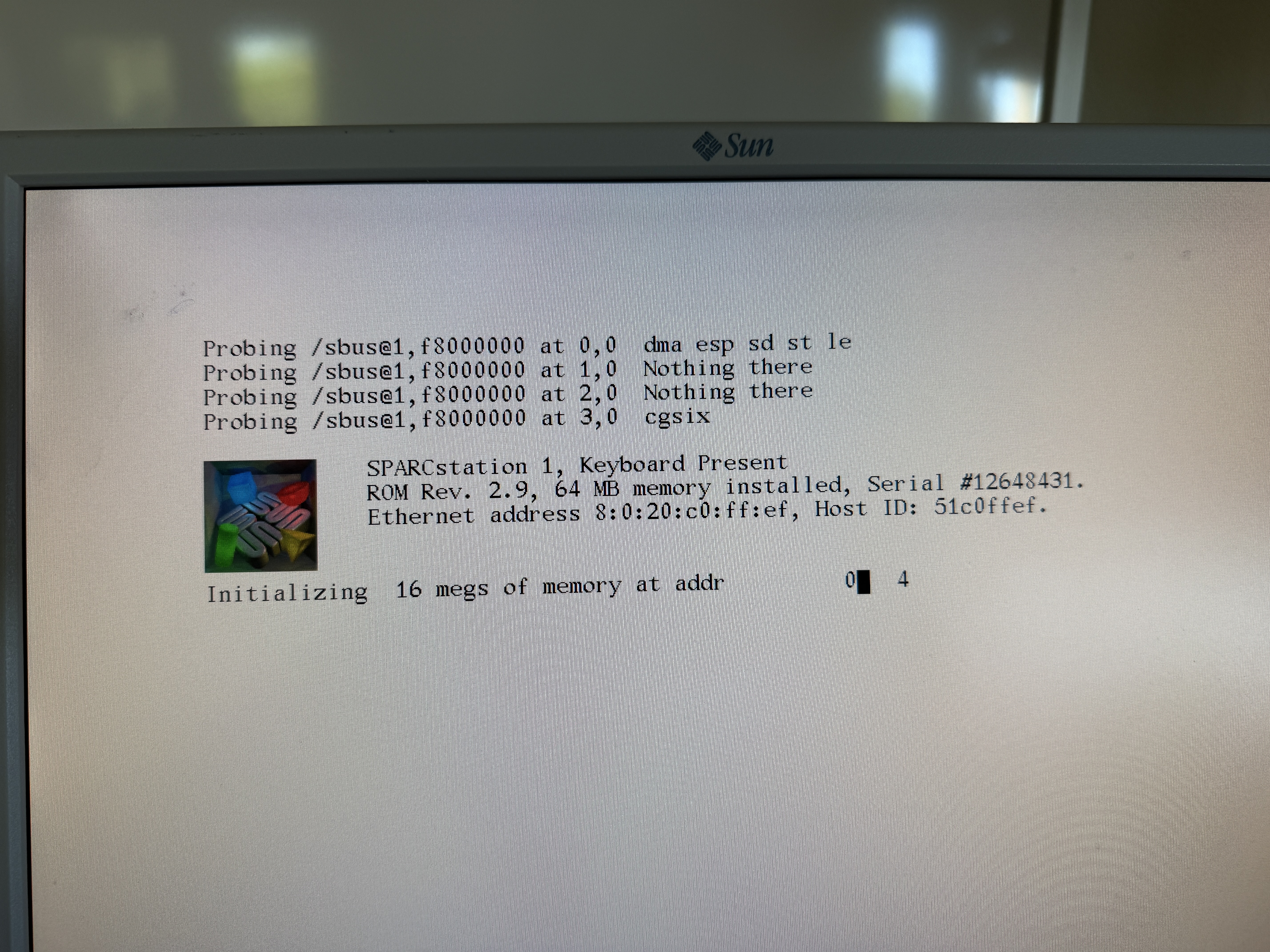 SPARCstation 1 boot screen showing ROM Rev. 2.9