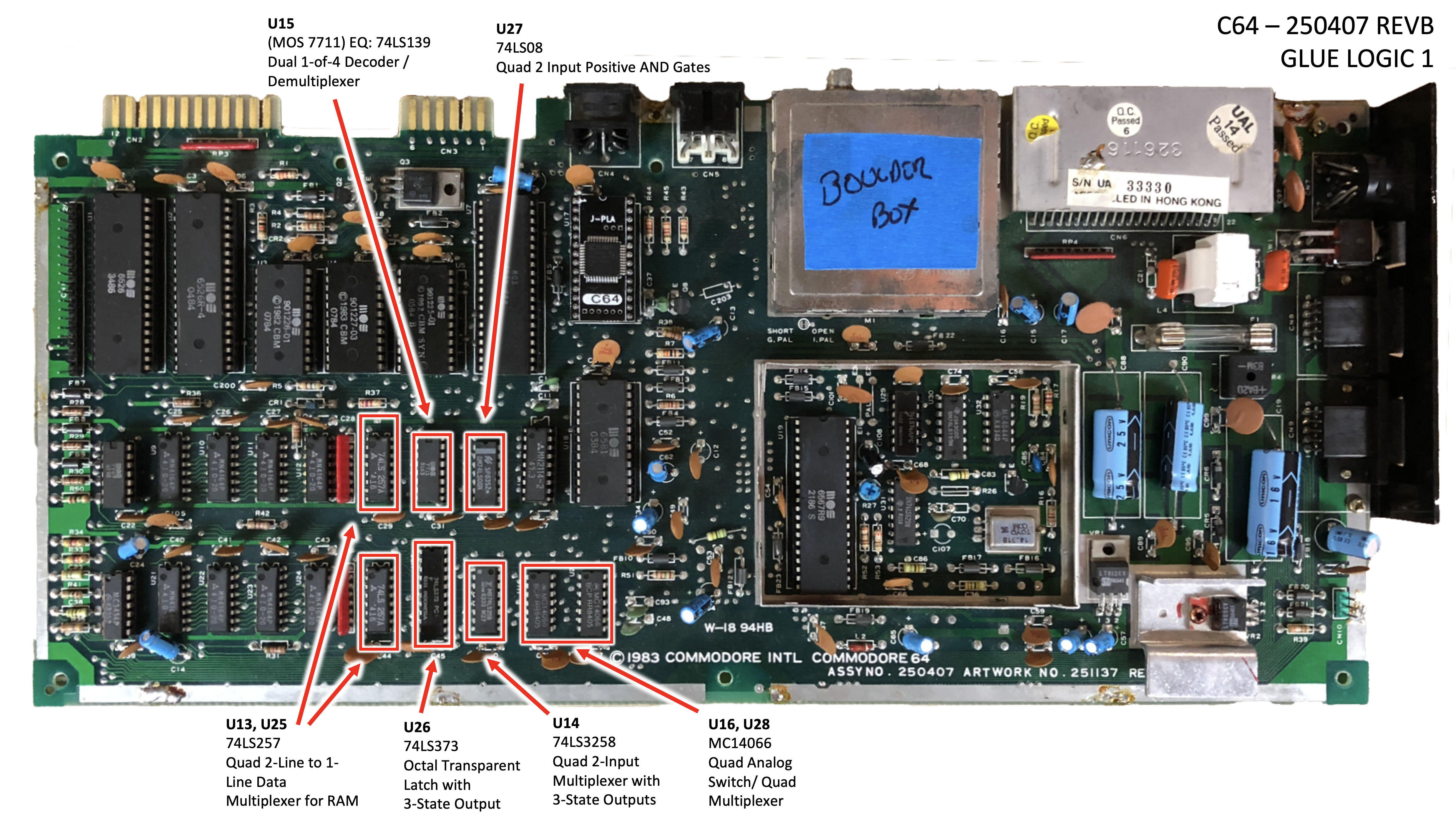 The 250407 motherboard with the first set of glue-logic chips labeled by U-number