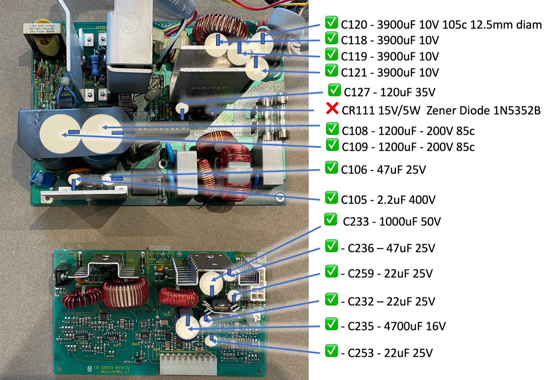 Annotated photo of the PEC4044B main board and control board with every electrolytic capacitor labeled with its designator and value, blue polarity marks showing negative terminal orientation, green checks on every replaced cap, and a red X marking the failed CR111 zener diode