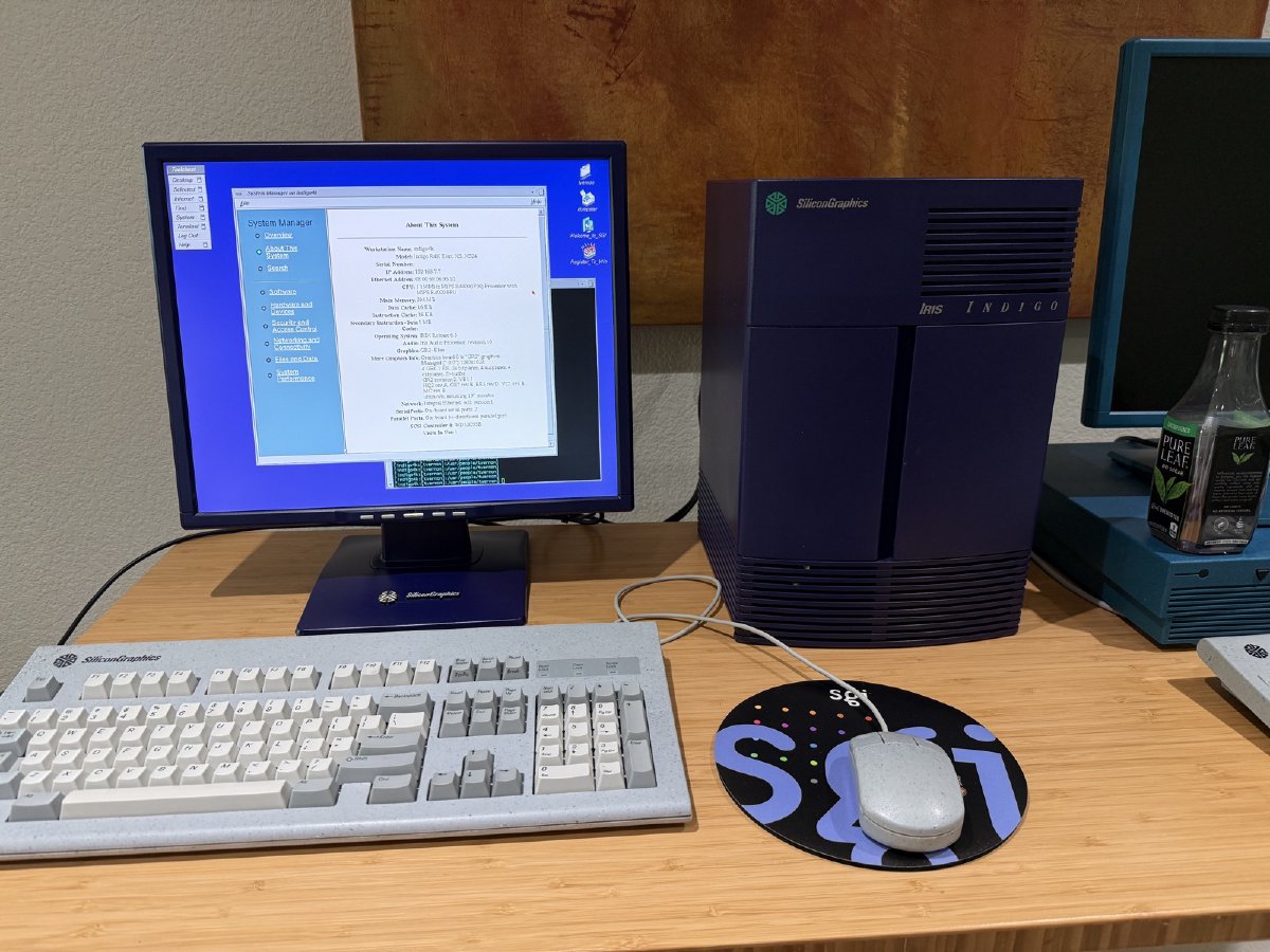 SGI Indigo R4400 running IRIX 6.5 with its matching retro display, back in service after the power supply repair