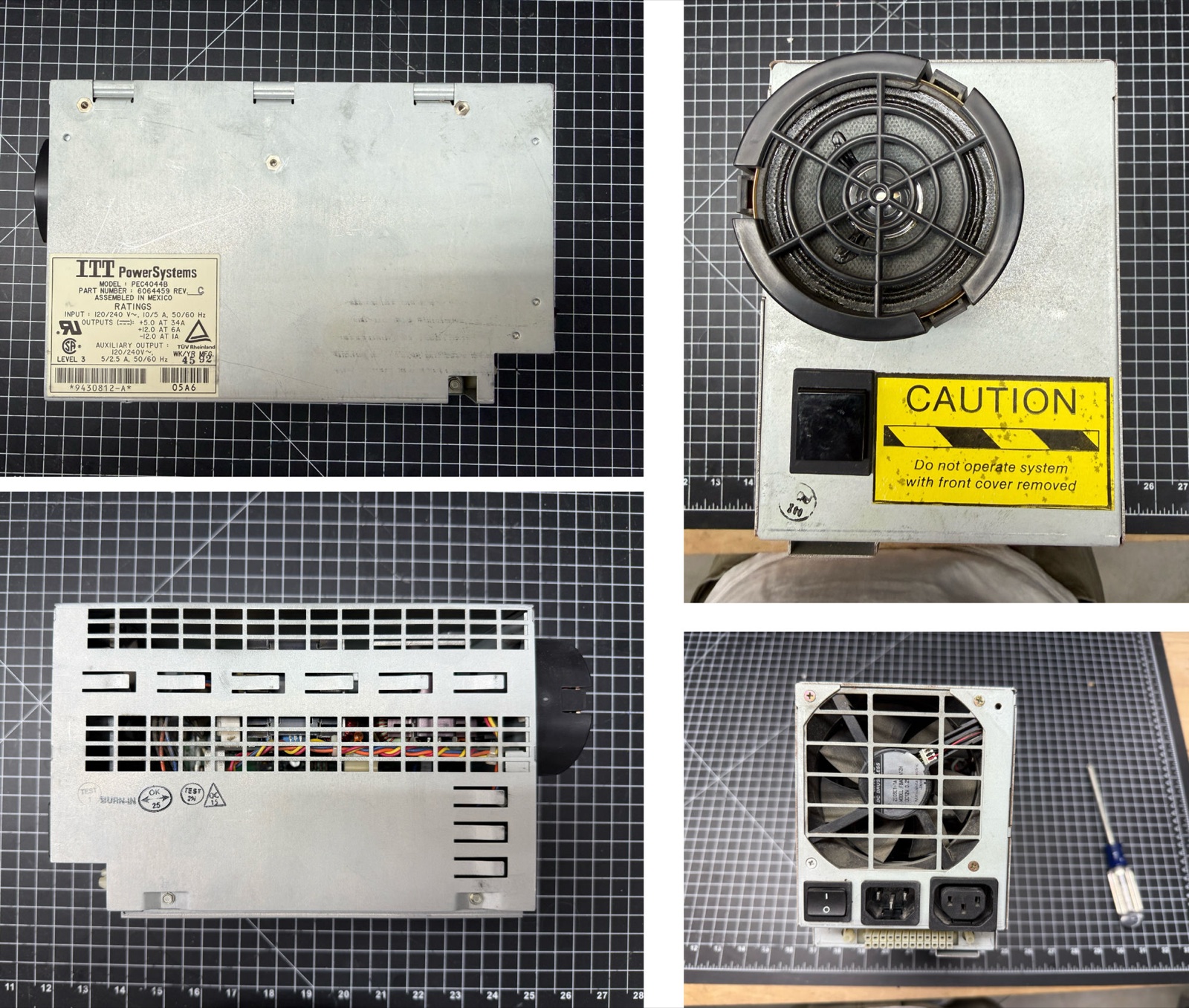 Four exterior views of the PEC4044B: the ratings label showing part 6064459 Rev C, the front with the Indigo speaker and caution sticker, the vented side, and the rear with the fan, power switch, and IEC connectors