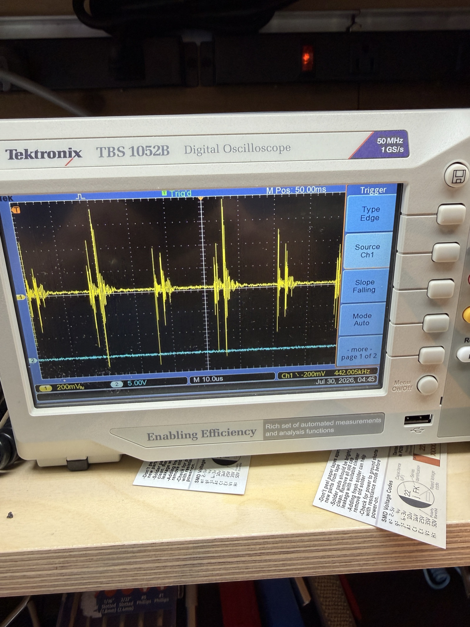 Tektronix TBS1052B showing the AC-coupled +5 output at 200mV per division: sharp bursts at the switching edges with a flat baseline between them
