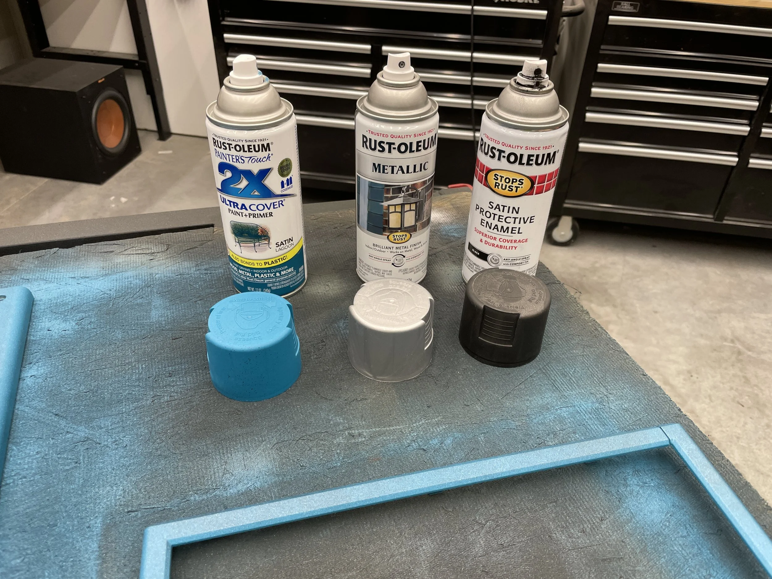The core paints: Rust-oleum 2X Painter&rsquo;s Touch, Metallic, and Satin Protective Enamel
