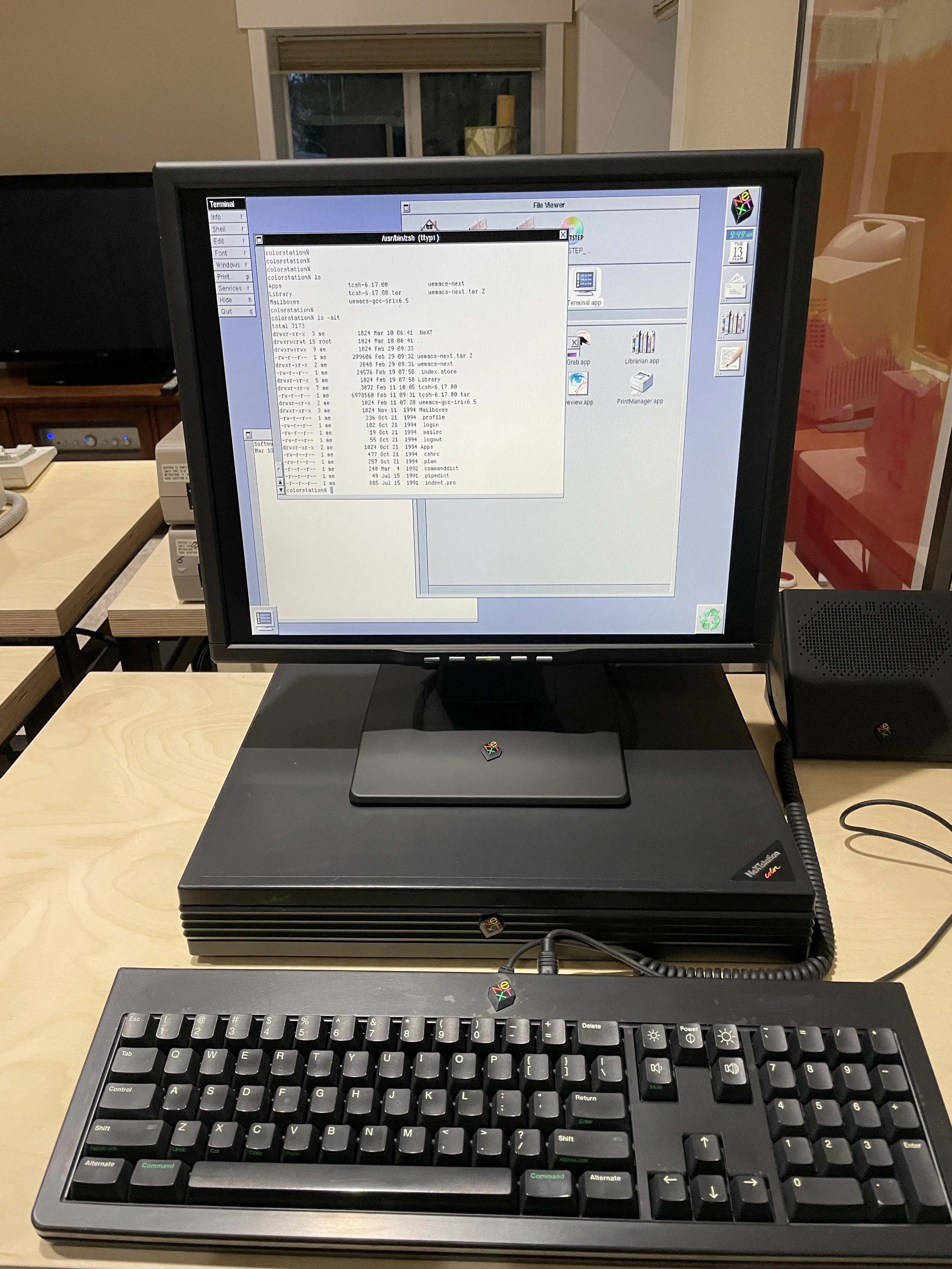 The finished NeXT-style monitor in use, displaying NEXTSTEP atop a NeXTstation Color with NeXT keyboard