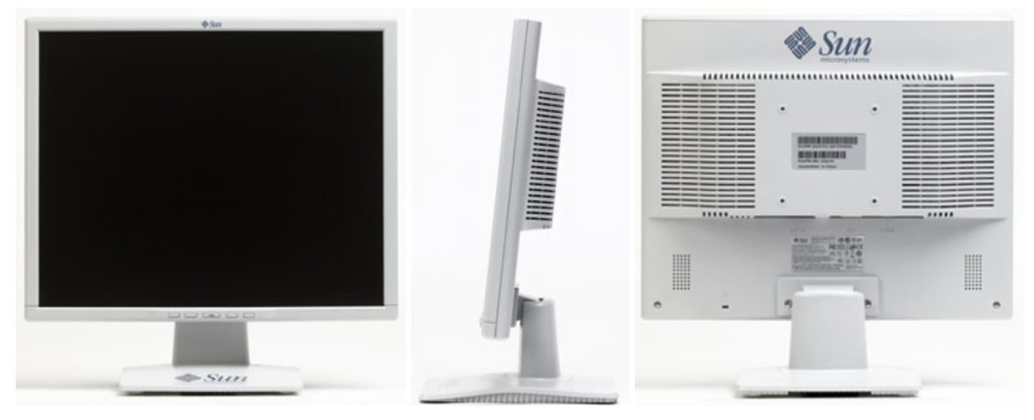 The donor Sun 365-1432-01 LCD monitor in original silver/white finish, three product views
