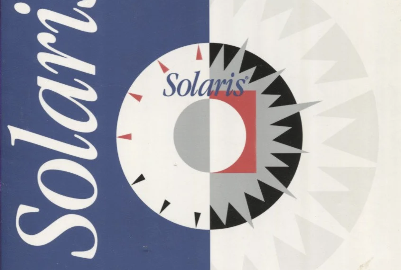 Solaris-era marketing graphic — stylized “Solaris” wordmark on a split blue-and-white background with a sunburst clock motif